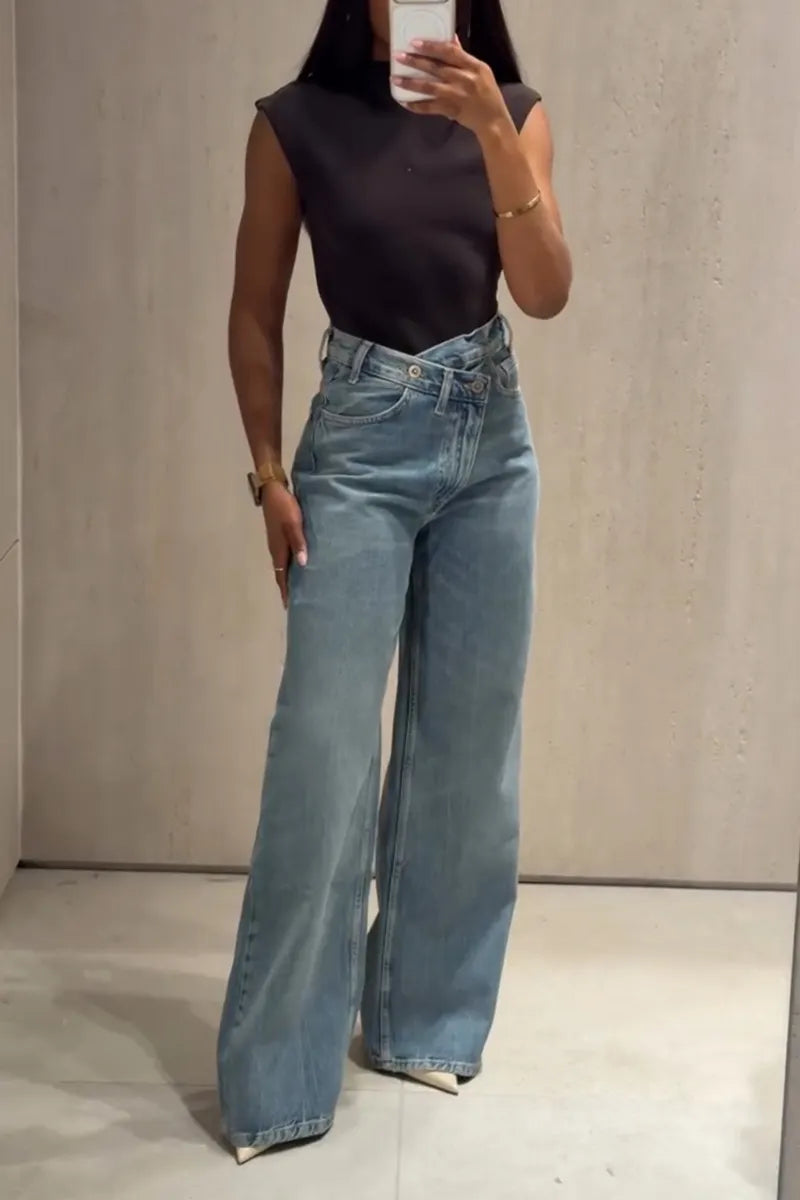 Women's Casual Asymmetric Fly Design Wide Leg Jeans