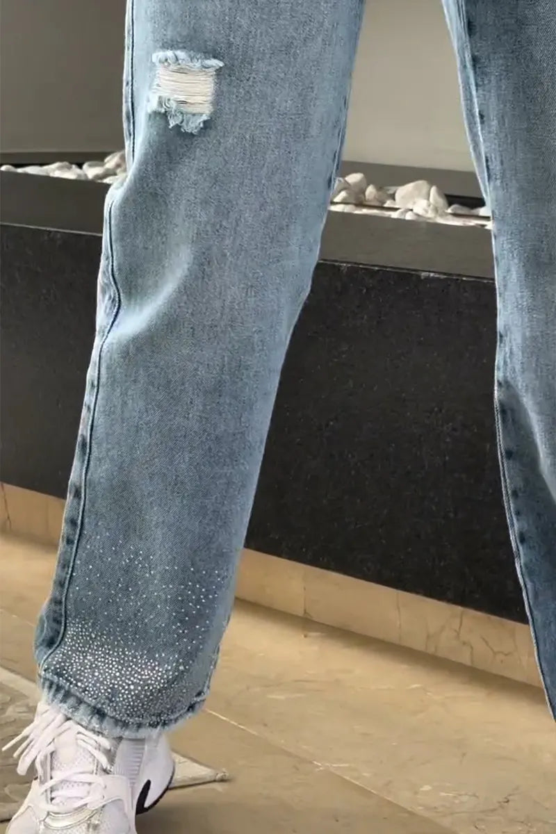 Women's Casual Distressed Rhinestone Jeans