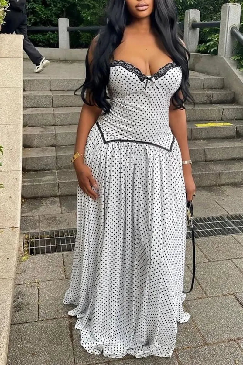 Women's Casual Lace Trim Sweetheart Polka Dot Corset Waist Flowy Maxi Dress