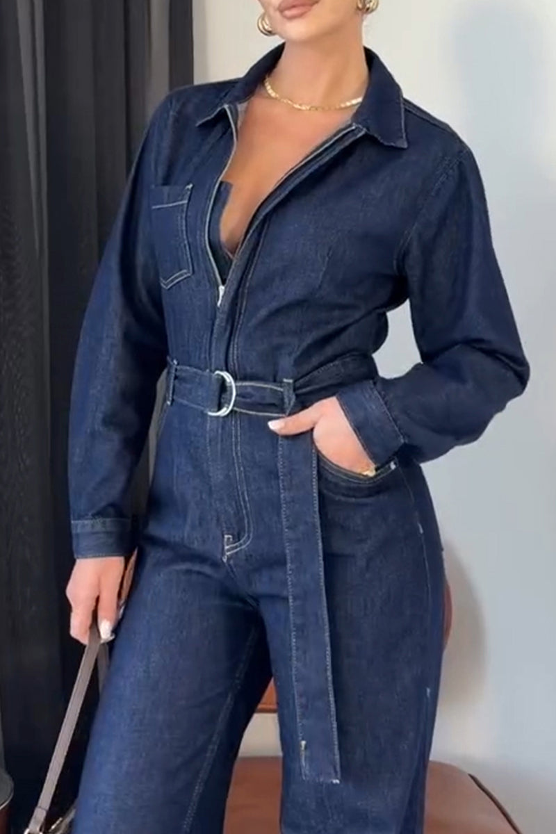 Women's Casual Versatile Long Sleeve Denim Jumpsuit with Belt