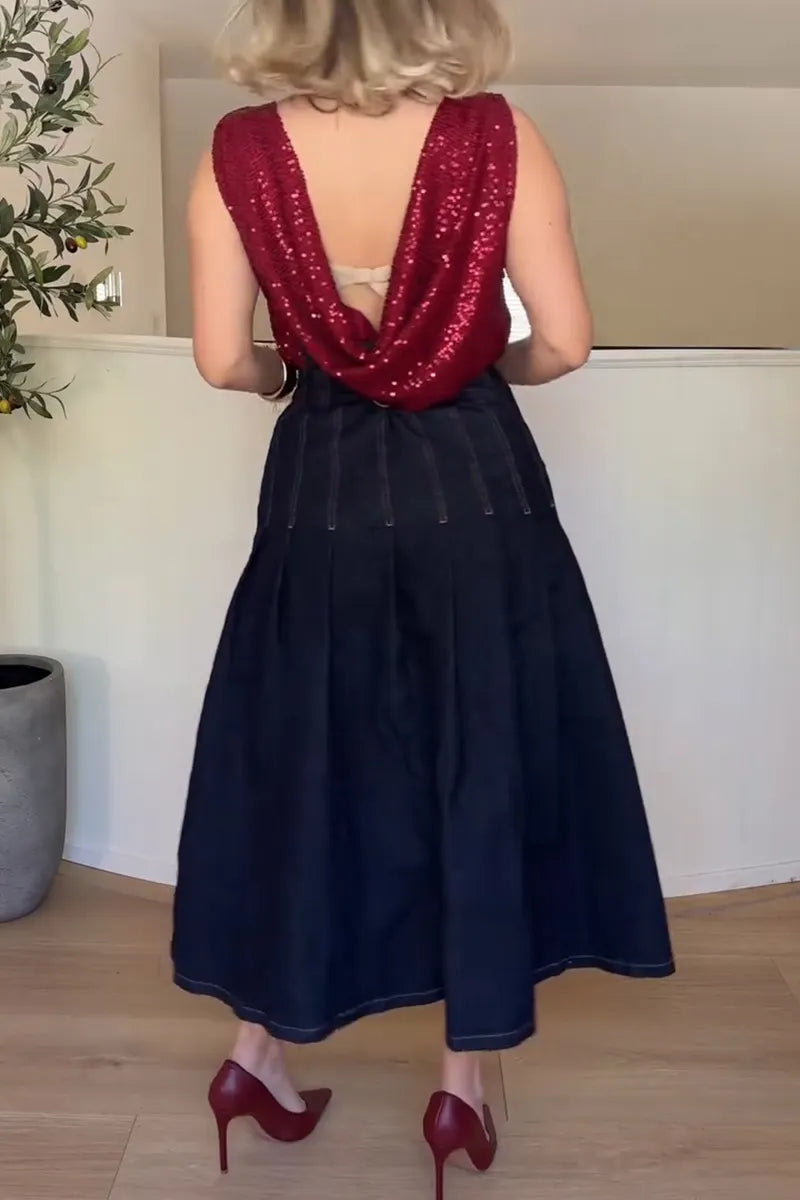 Women's Elegant Sequin Cami or Pleated Denim Skirt