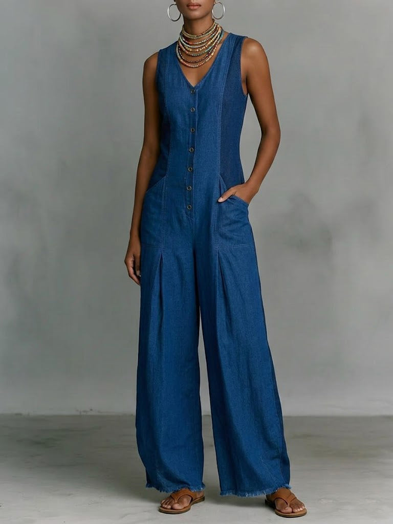 Bohemian-style V-neck Button-front Denim Sleeveless Jumpsuit
