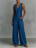 Bohemian-style V-neck Button-front Denim Sleeveless Jumpsuit