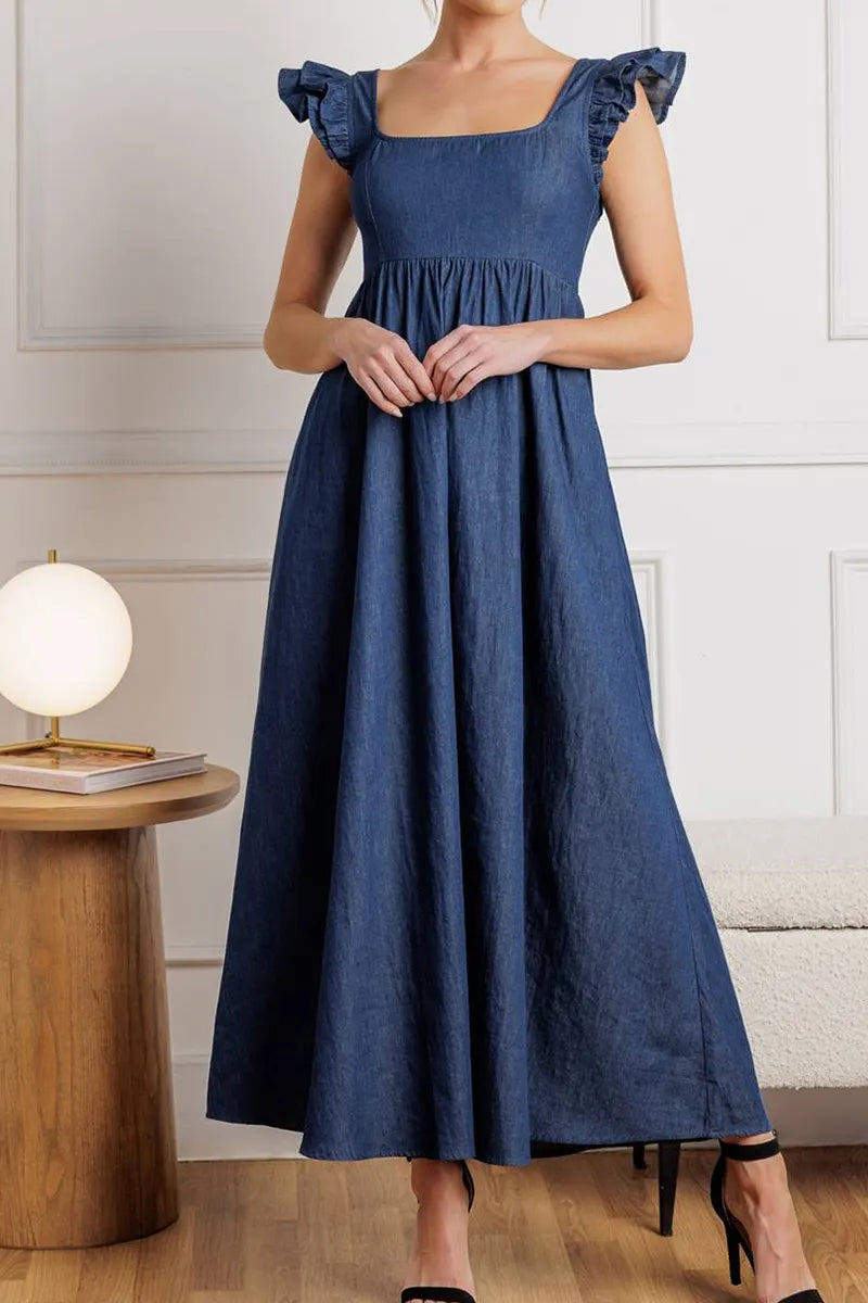 Women's Elegant Backless Ruffled Denim Dress