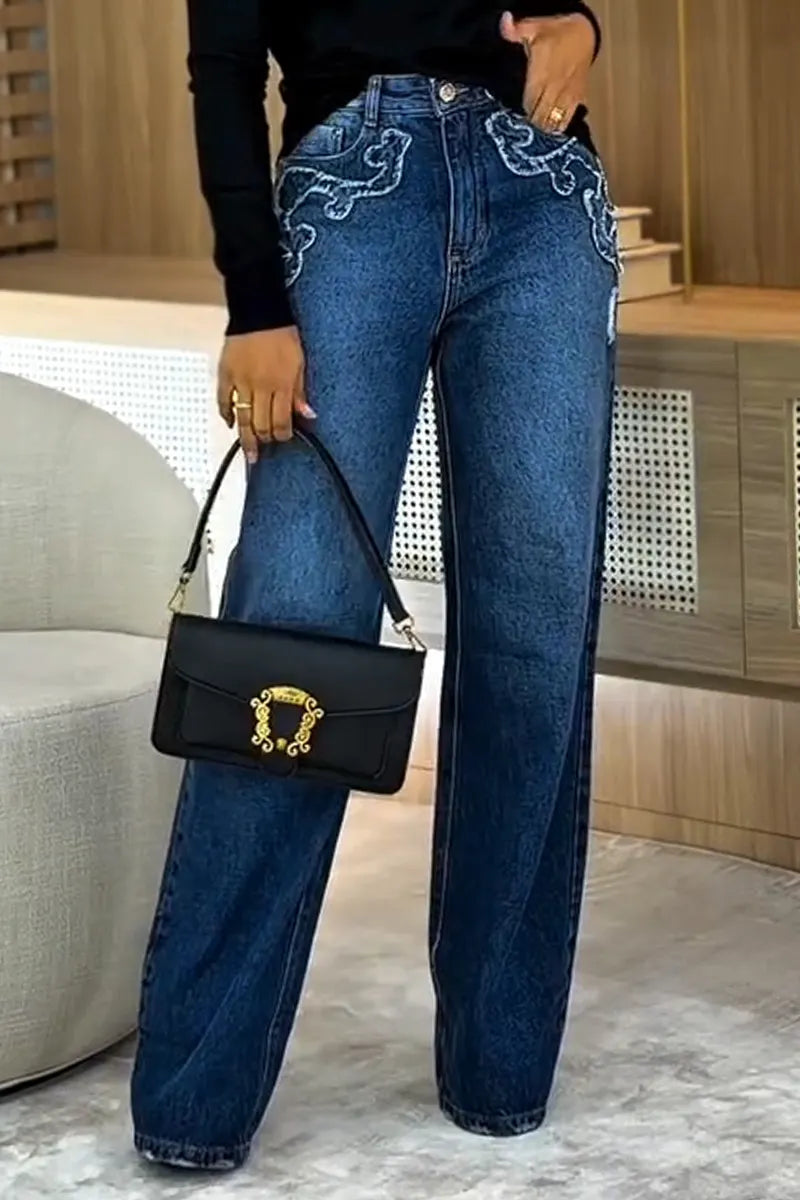 Women Wash Water Sticker Casual High Waisted Straight Leg Jeans