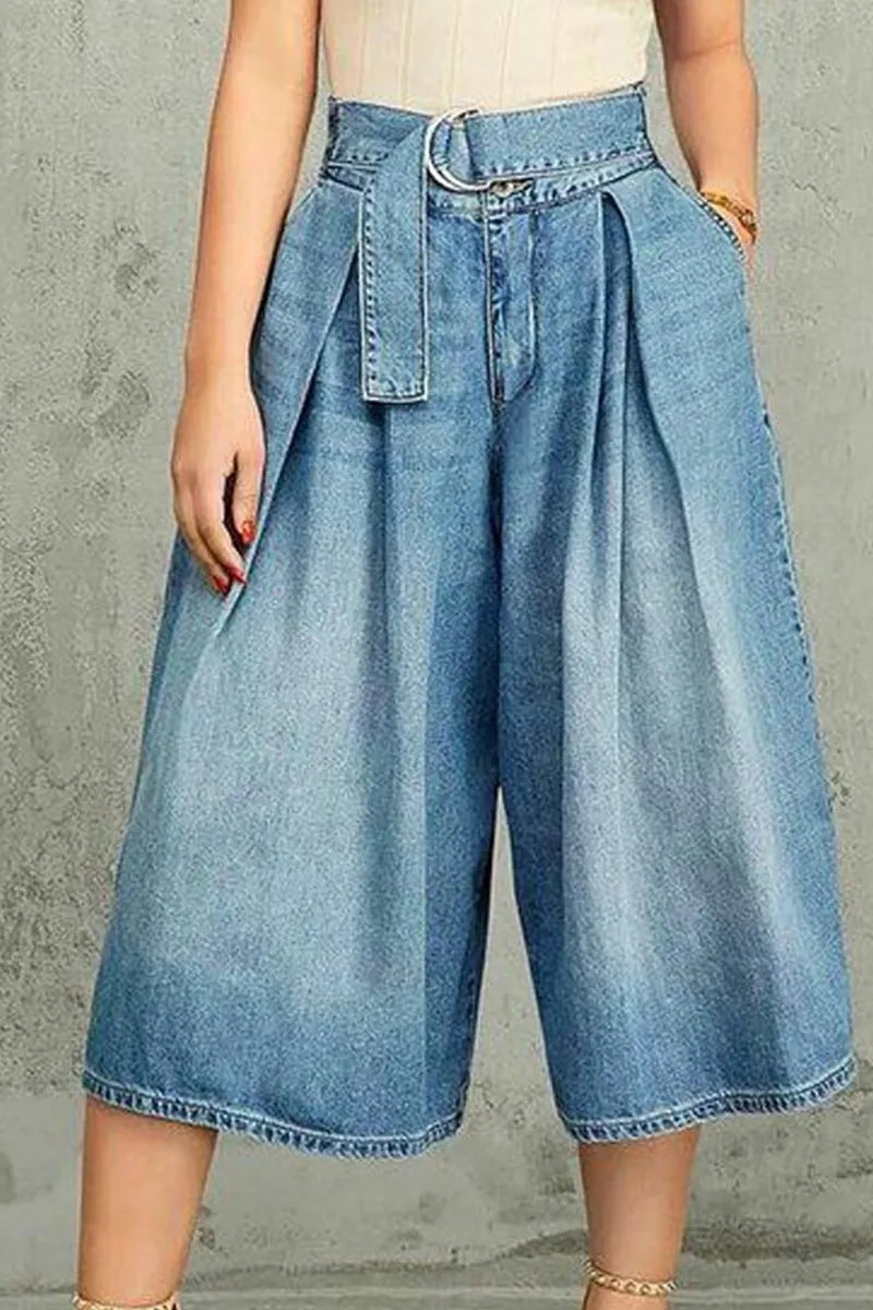 Women High Waist O Ring Belted Pleated Wide Leg Denim Culottes Side Pockets Midi Length Capri Jeans