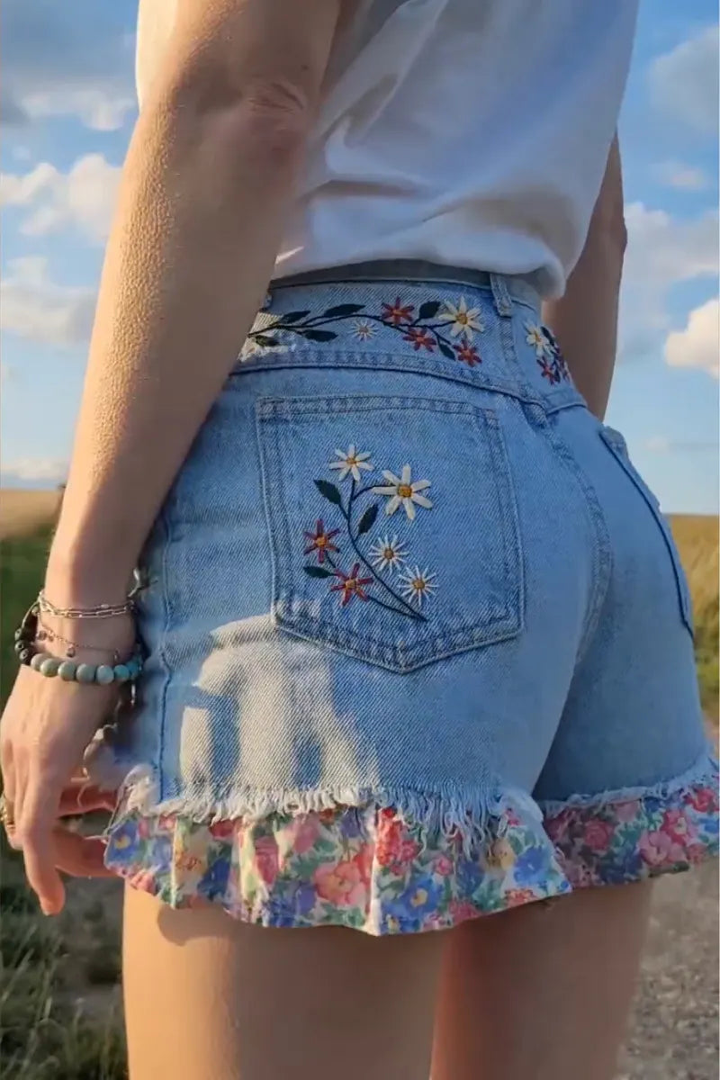 Women Embroidered Patchwork Printed Casual Denim Shorts