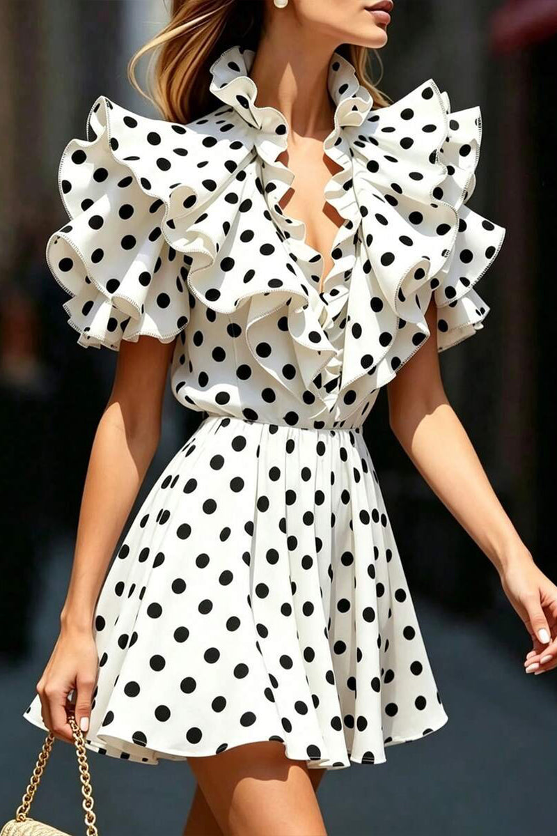 Women's V-neck Waist Cinched Patchwork Polka Dot Print Elegant Temperament Dress