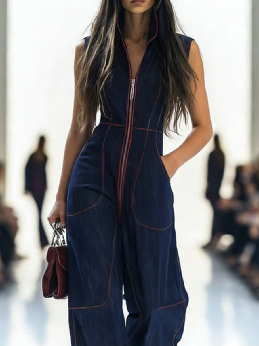 Pockets Zipper High Waisted Sleeveless Stand Collar Jumpsuits