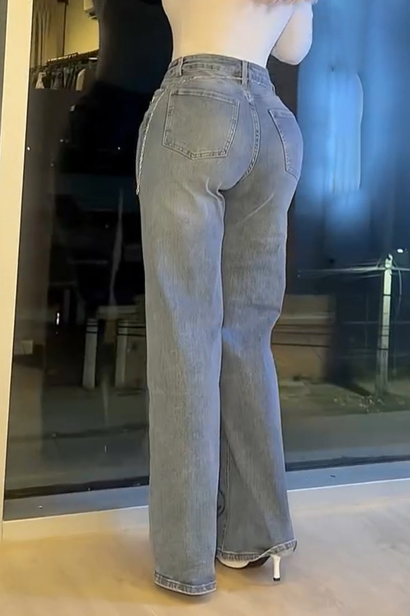 Women's Wash Printed Casual Wide Leg Jeans