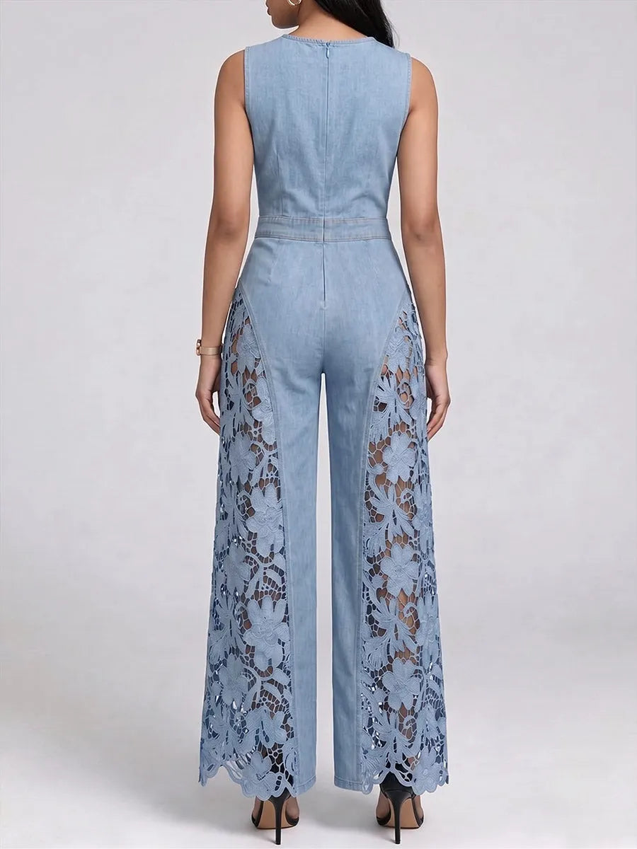 Women's Round-neck Sleeveless Cutout Lace Casual Loose-fit Denim Wide-leg Jumpsuit