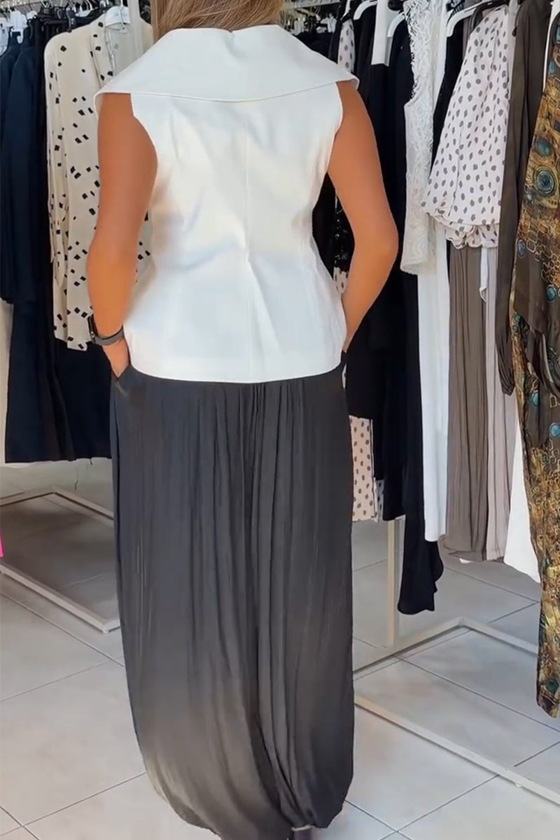 Women's Collar Double Breasted Top or Casual Solid Color Lantern Pants