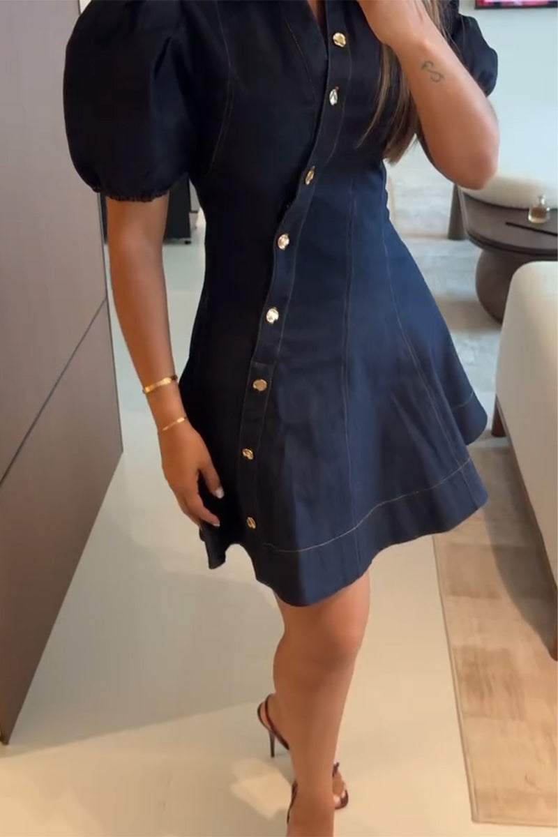 Women's Collar and Buckle Splicing Elegant Casual Denim Dress