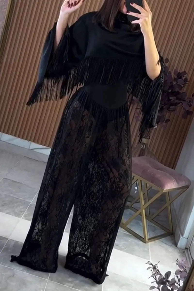 Women Round Neck Patchwork Lace Patterned Jumpsuit or Solid Color Tassel Shawl