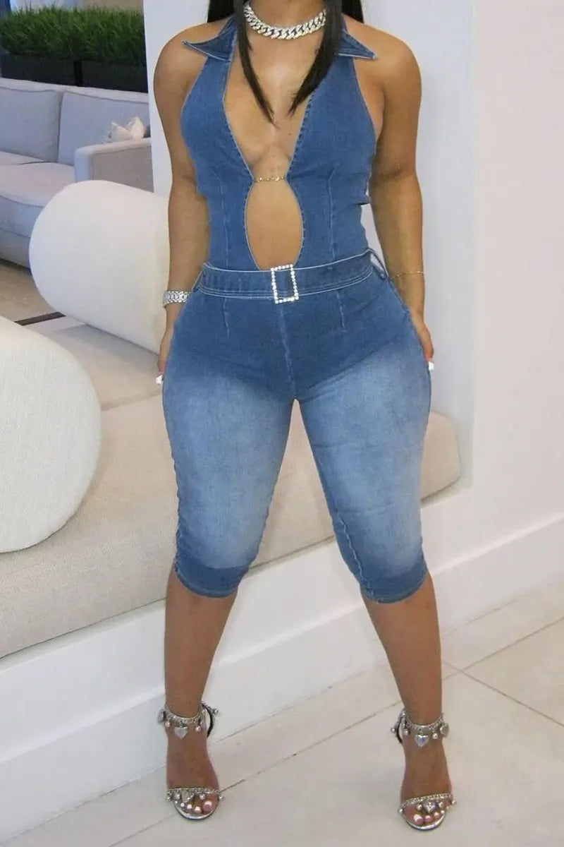 Women's Halter Deep V Cut Out Waist Stretch Denim Capri Jumpsuit