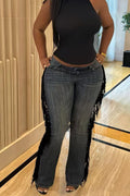 Women's Vintage Fringe Side High-Waist Jeans