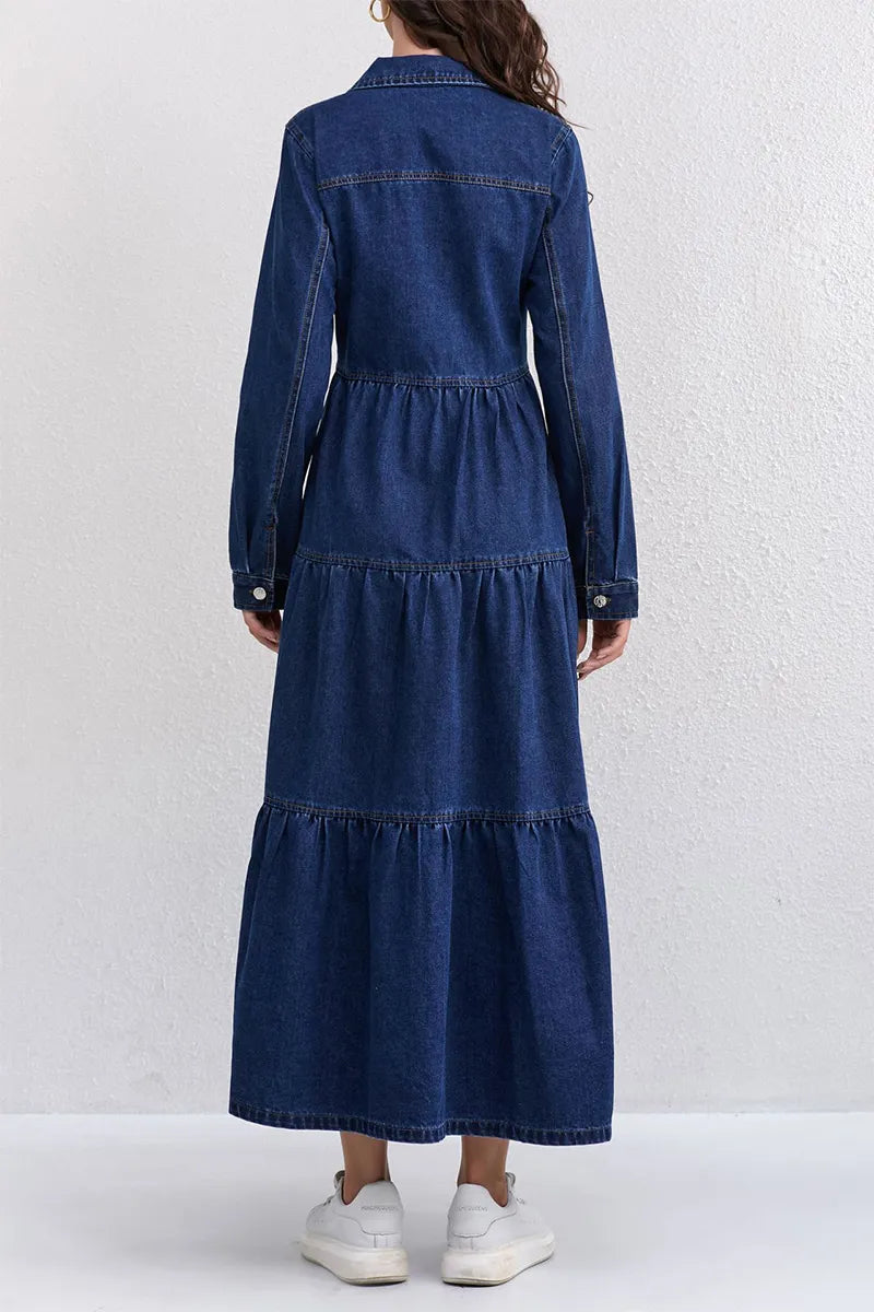 Women Lapel Stitching Buttoned Casual Denim Dress