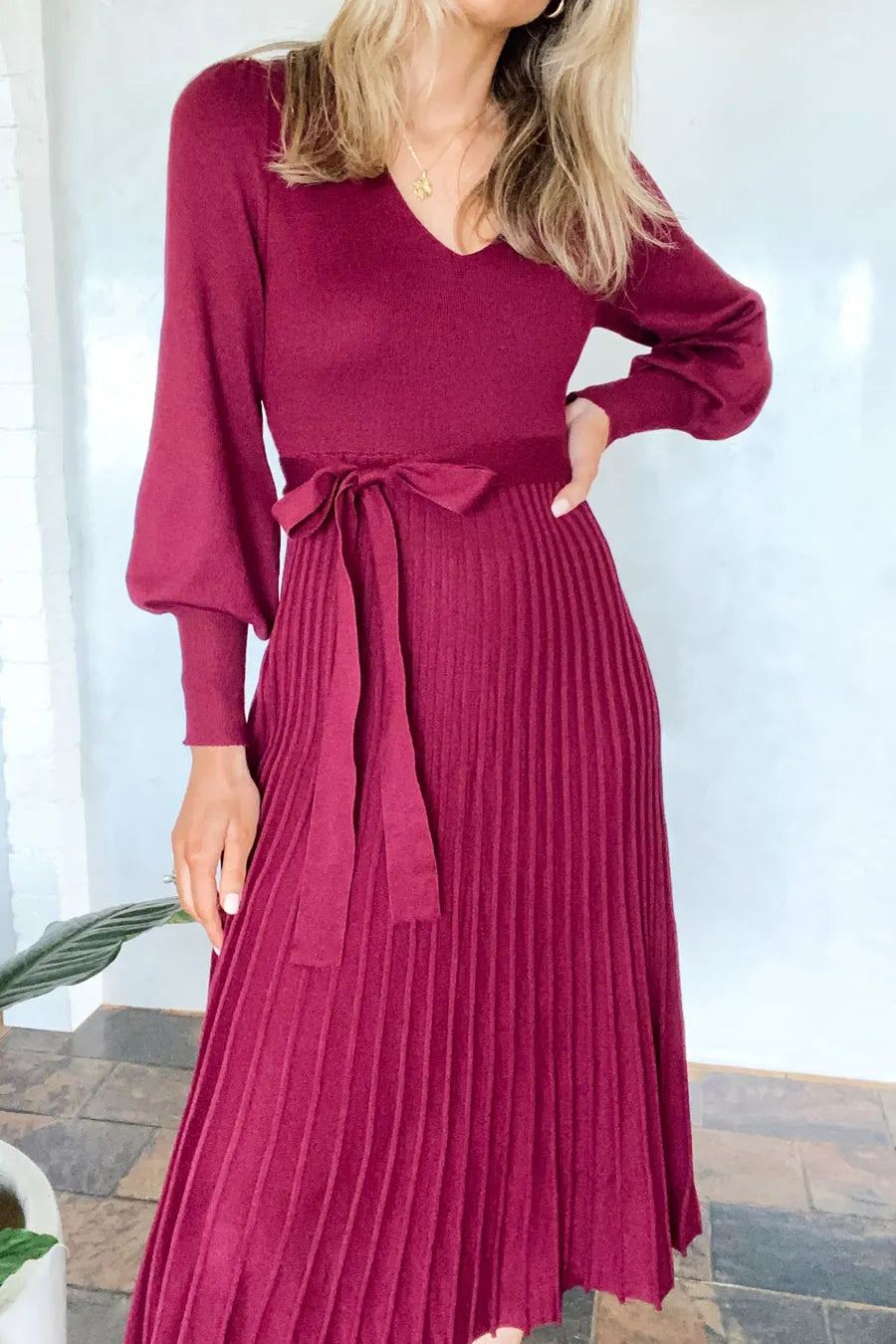 Ladies U-neck Patchwork Pleated Elegant Casual Dress