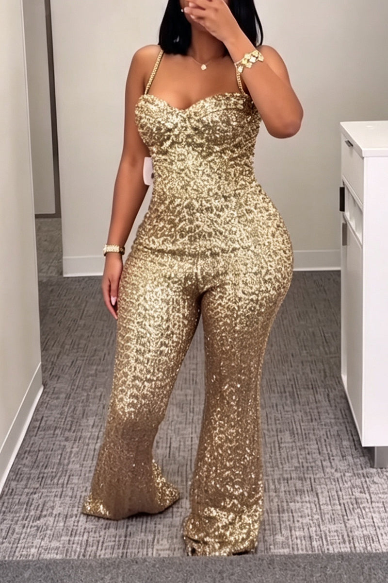 Women's Fashion Shiny Sequins Spaghetti Strap Jumpsuit