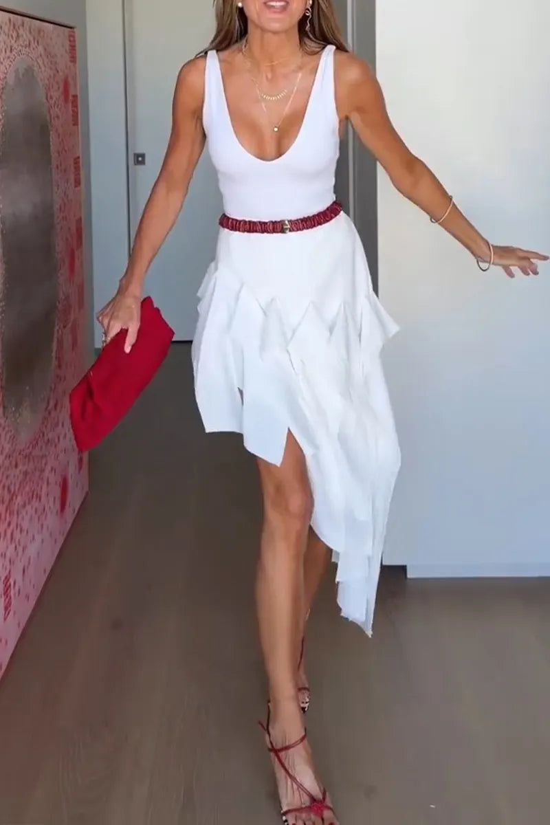 Women's Fashion Panel Patchwork Asymmetric Hem Skirt