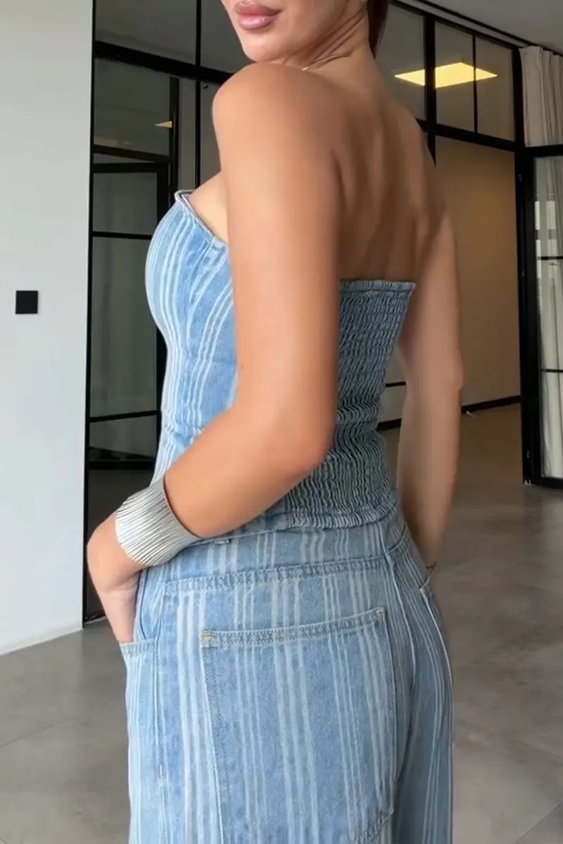 Women's Casual Stripe Denim Bustier or Jeans