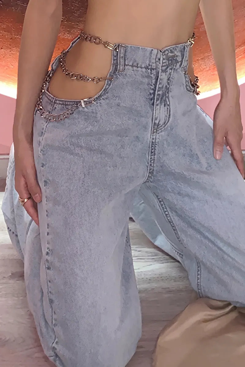 Women's Loose Straight Jeans with Chain-Link Cut-Out Design