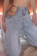 Women's Loose Straight Jeans with Chain-Link Cut-Out Design