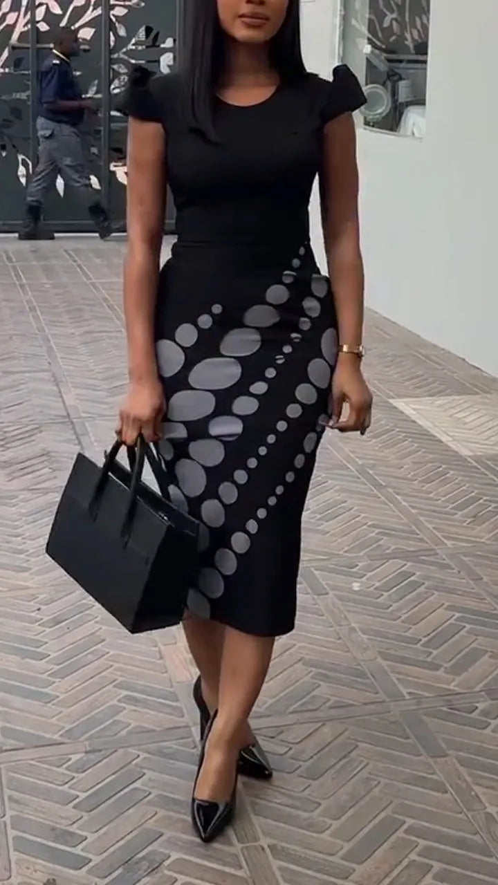 Women Round Neck Waist Cinched Polka Dot Print Elegant Temperament Dress