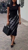 Women Round Neck Waist Cinched Polka Dot Print Elegant Temperament Dress