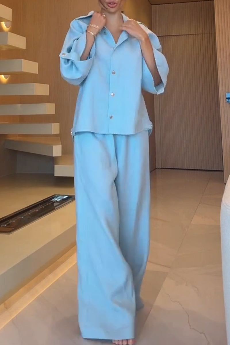 Women's Collar Button Down Shirt+ Pants Casual Suit