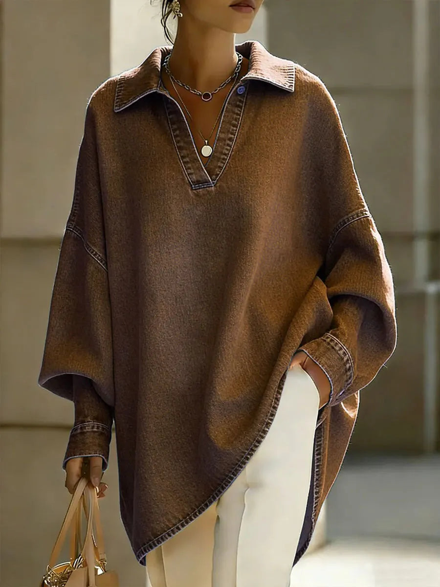 Buttoned Solid Color Long Sleeves Loose Lapel Blouses&Shirts Tops