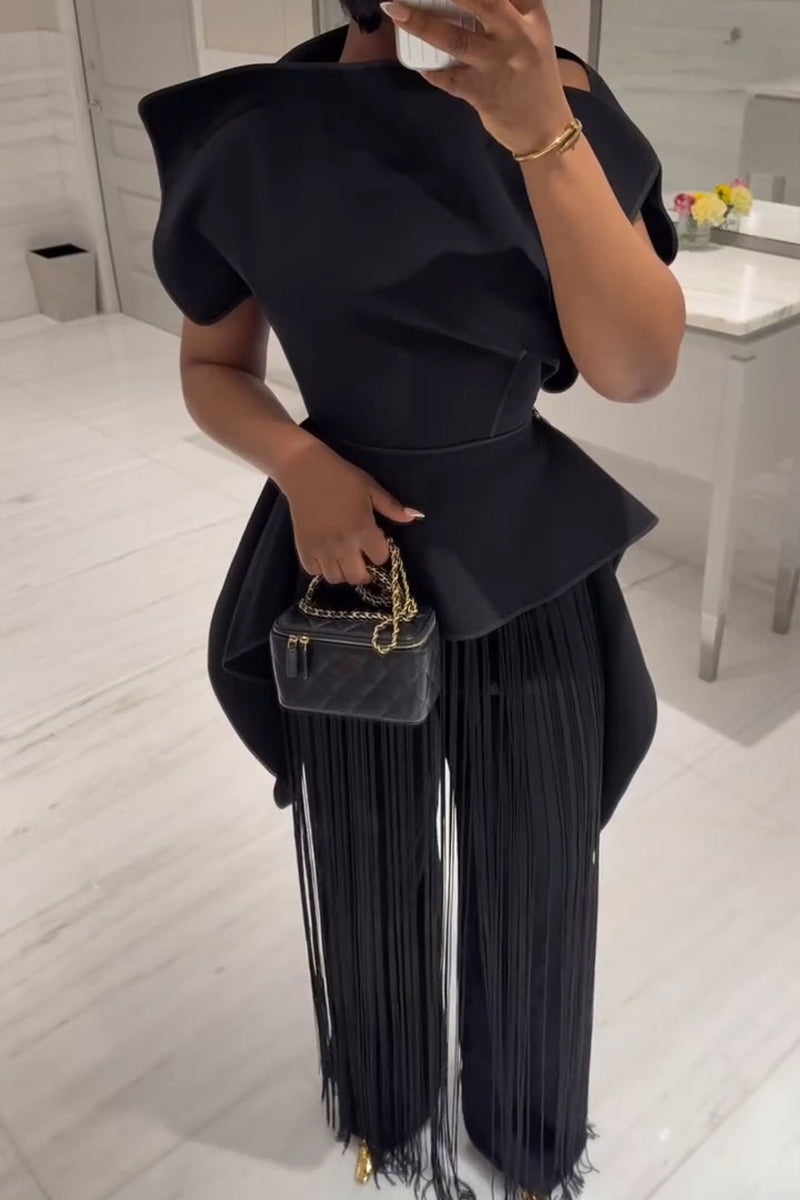 Women's Fashion Asymmetric Vest Pants Fringe Decoration Two-Piece Set