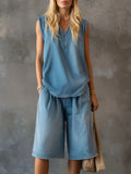 Women's V-neck Sleeveless Casual Loose Top With Elastic Waist Casual Loose Wide-leg Shorts Denim Set
