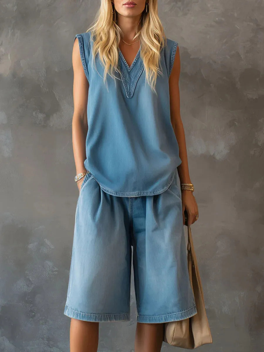 Women's V-neck Sleeveless Casual Loose Top With Elastic Waist Casual Loose Wide-leg Shorts Denim Set