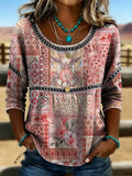 Women's Vintage Print Casual Hollow Denim Shirt