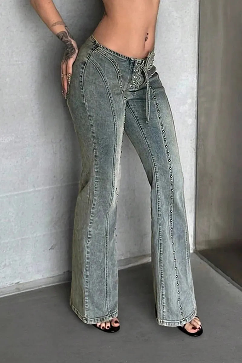 Women's Vintage Studded Tie Waist Mid Rise Jeans