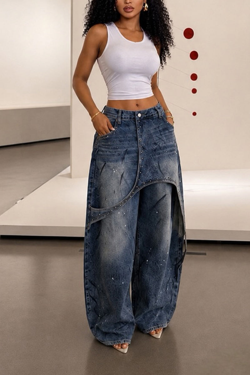 Women's Fashion Asymmetric Overlap Denim Wide Leg Pants