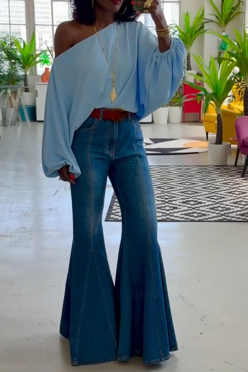 Women's Round Neck Solid Color Top or Washed Water Spliced Flared Jeans