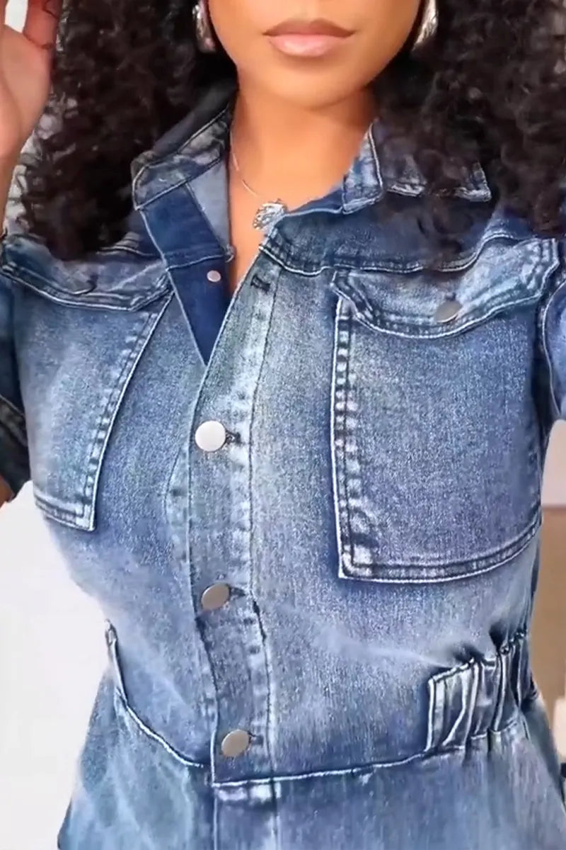 Women's Street Fashion Short-Sleeve Cargo Denim Jumpsuit