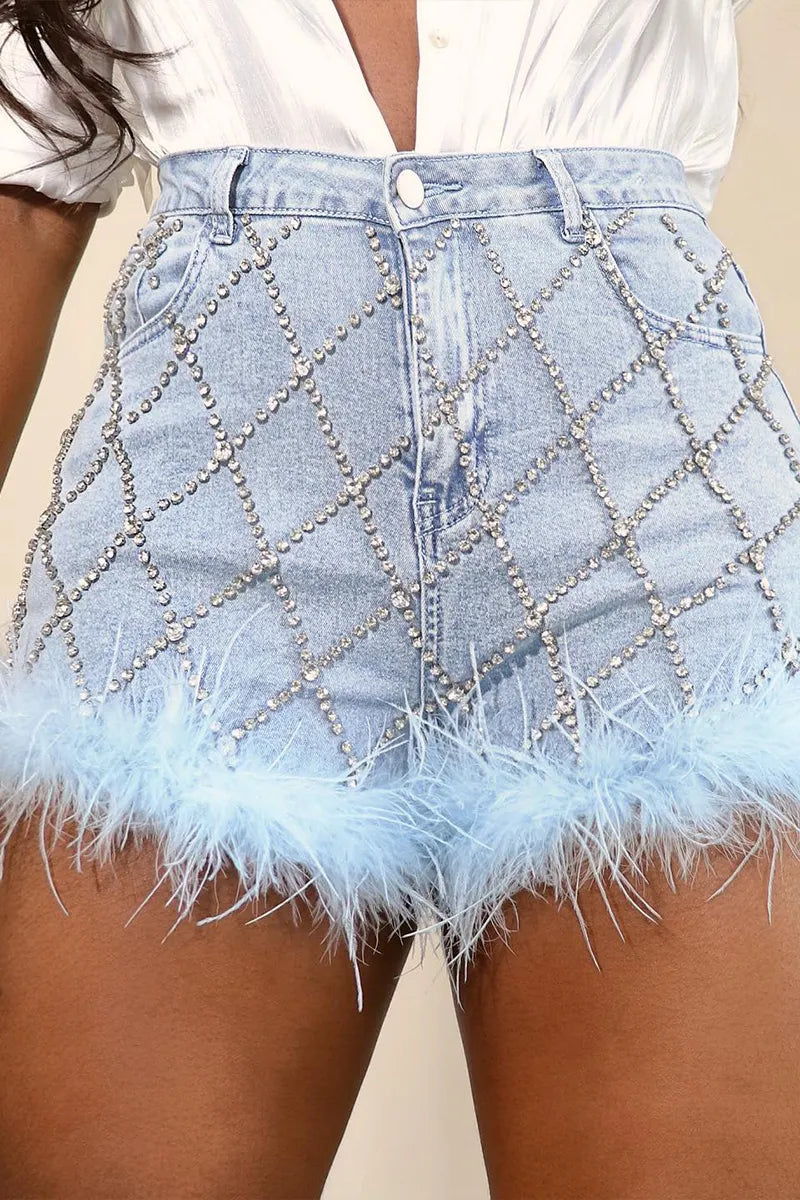 Women's Fashion Rhombus Rhinestone Plush Hem Denim Shorts
