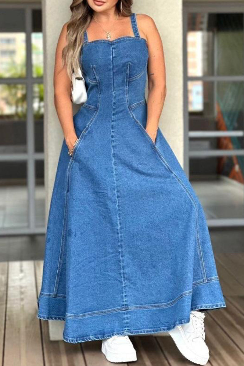 Women's Casual Zipper Slit Hem Open Back Cami Denim Dress
