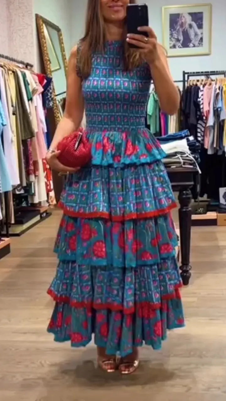 Women Round Neck Sleeveless Patchwork Printed Casual Dress