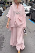 Womens V-neck Top+ Wide Leg Pants Loose Casual Suit
