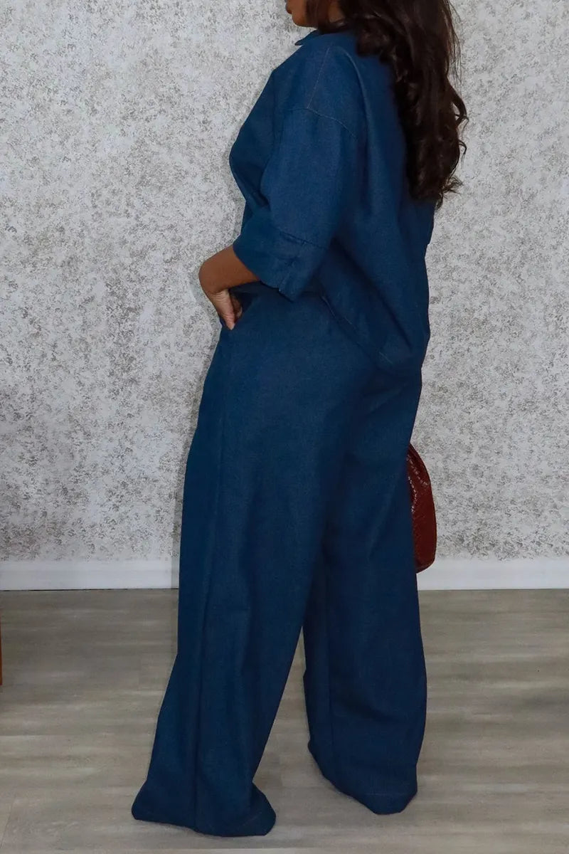 Women's Casual Loose Fit Button Front Denim Crop Top Or Wide Leg Jeans
