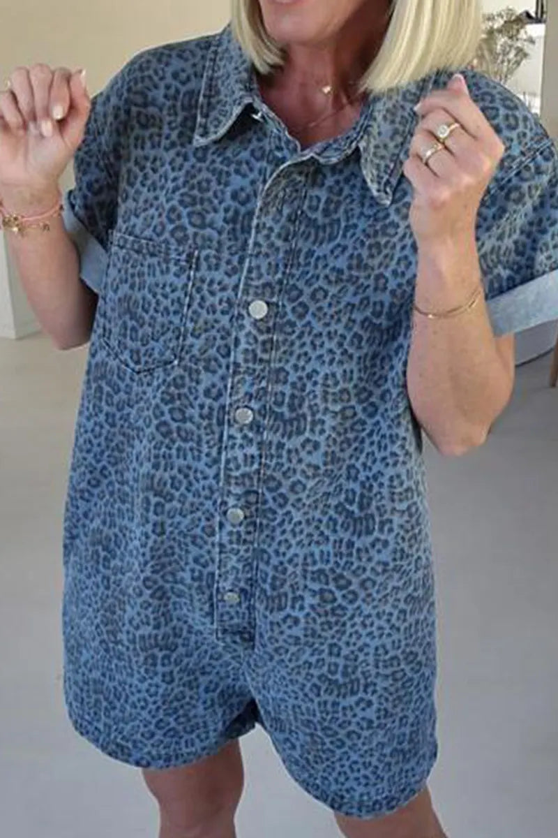 Women's Casual Printed Loose Fit Denim Jumpsuit