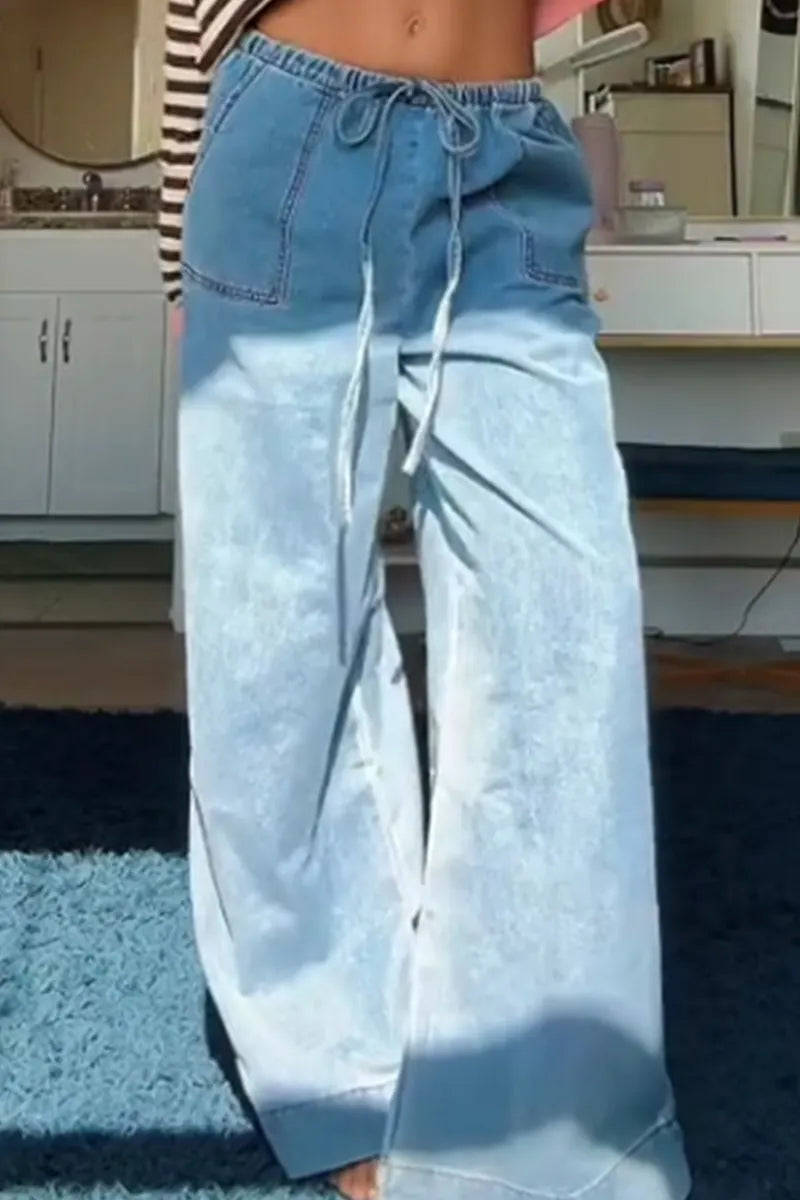 Women's Casual Wide Leg Denim Pants With Elastic Waist And Pockets
