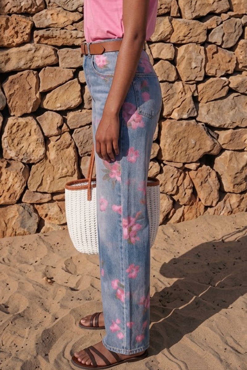 Women's High-Waisted Floral Print Wide Leg Jeans Casual Front Pocket Washed Denim Trousers