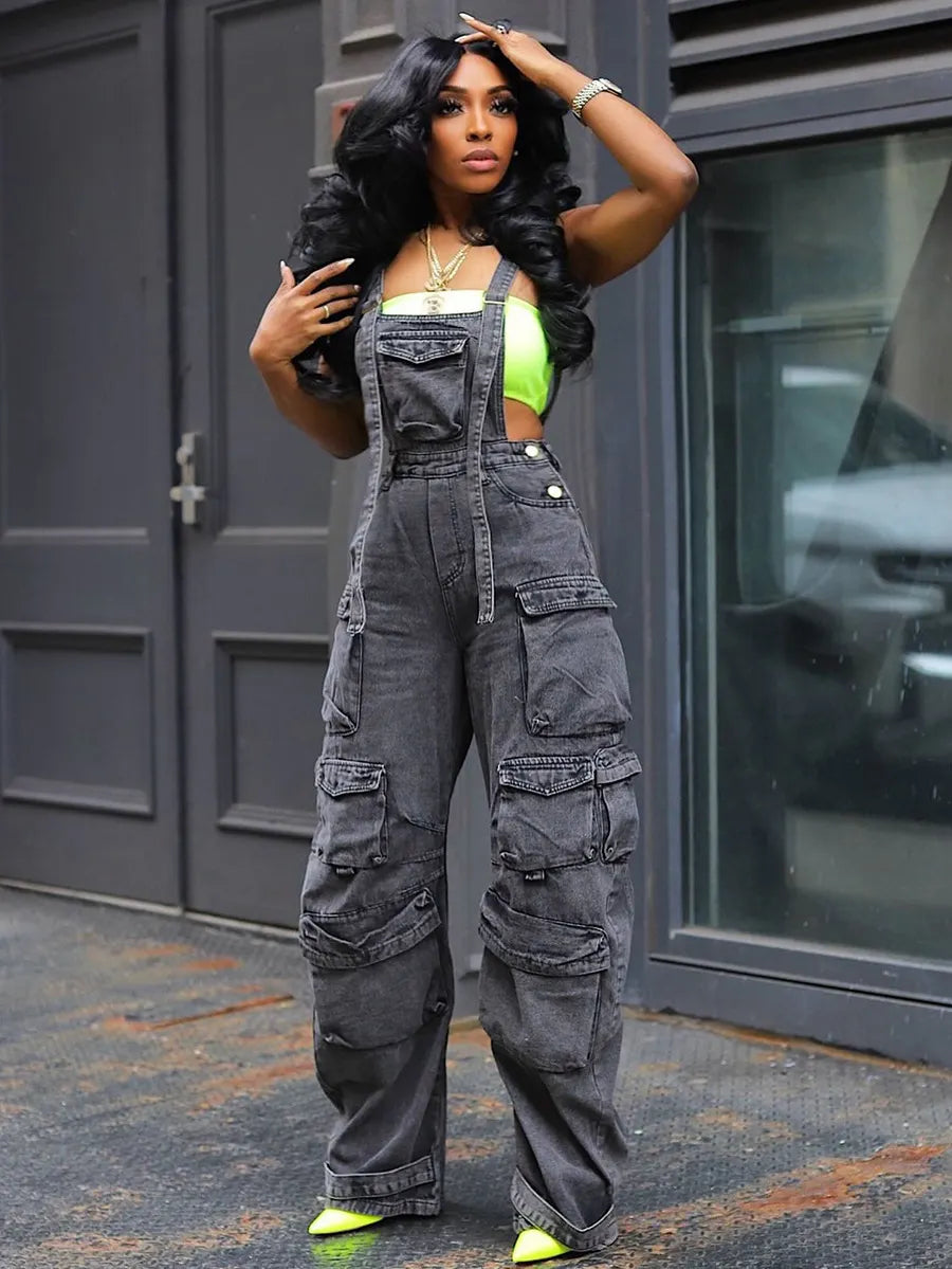 Casual Slim Fit Stretch Washed Denim Jumpsuit