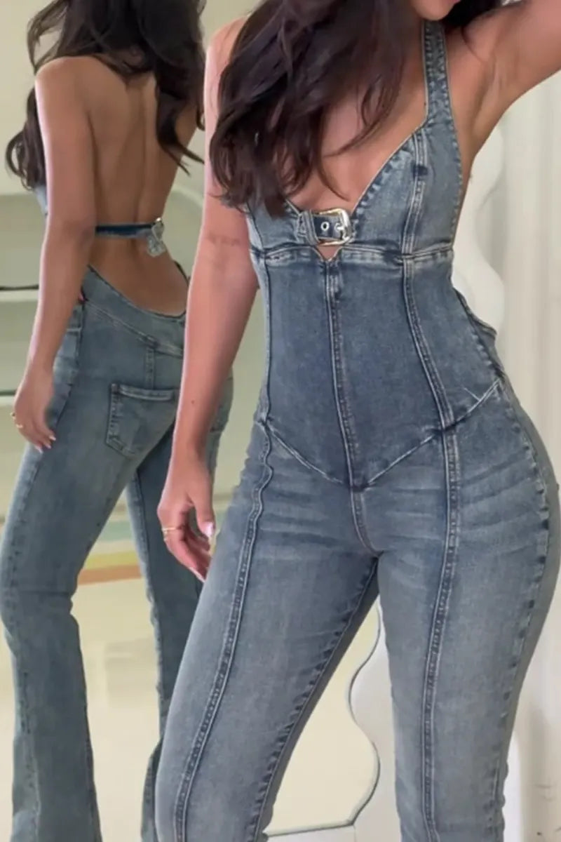 Women's Backless Low Cut Fitted Denim Casual Jumpsuit