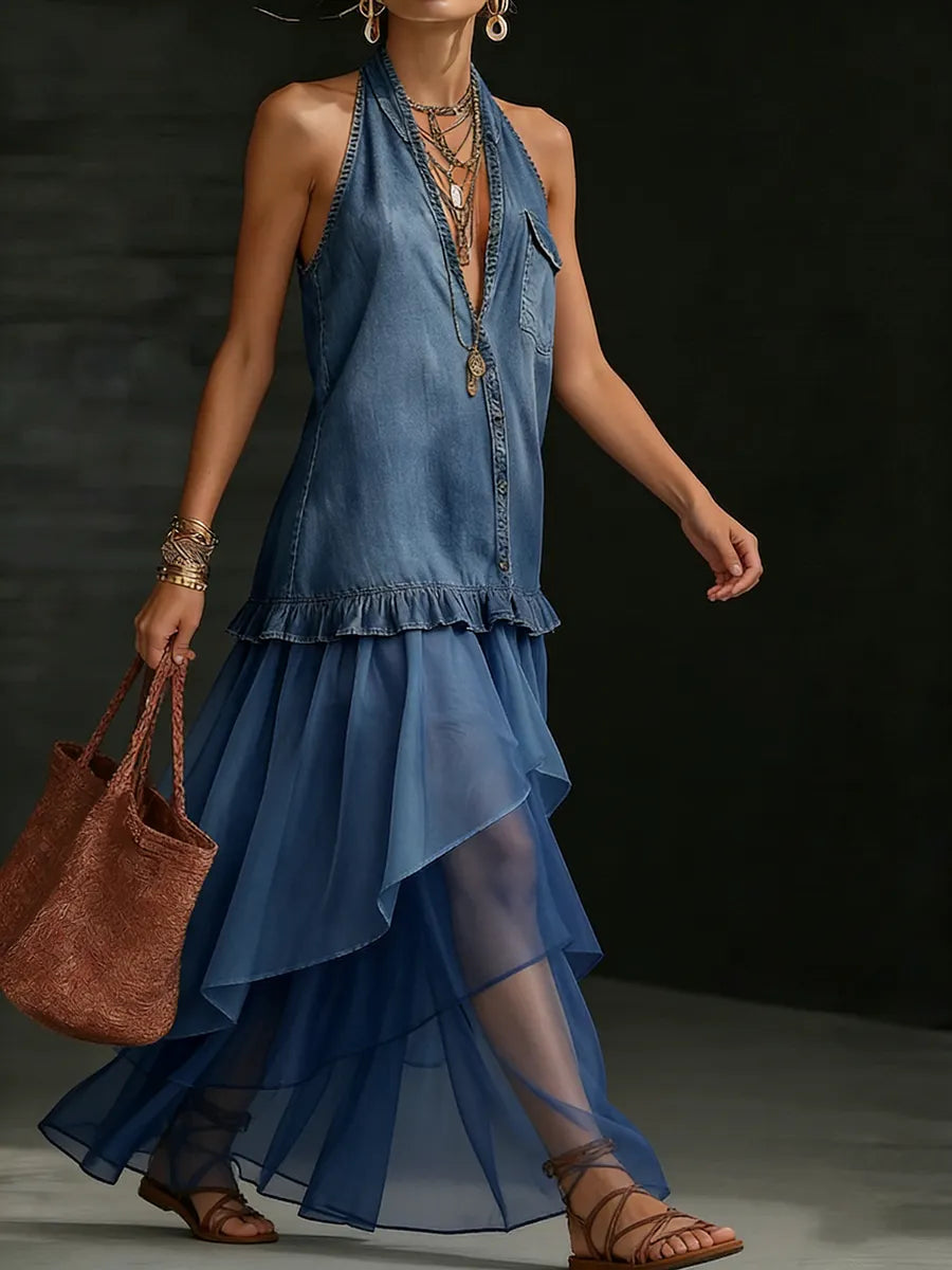 Boho Organza Hem Loose-fit Denim Maxi Dress